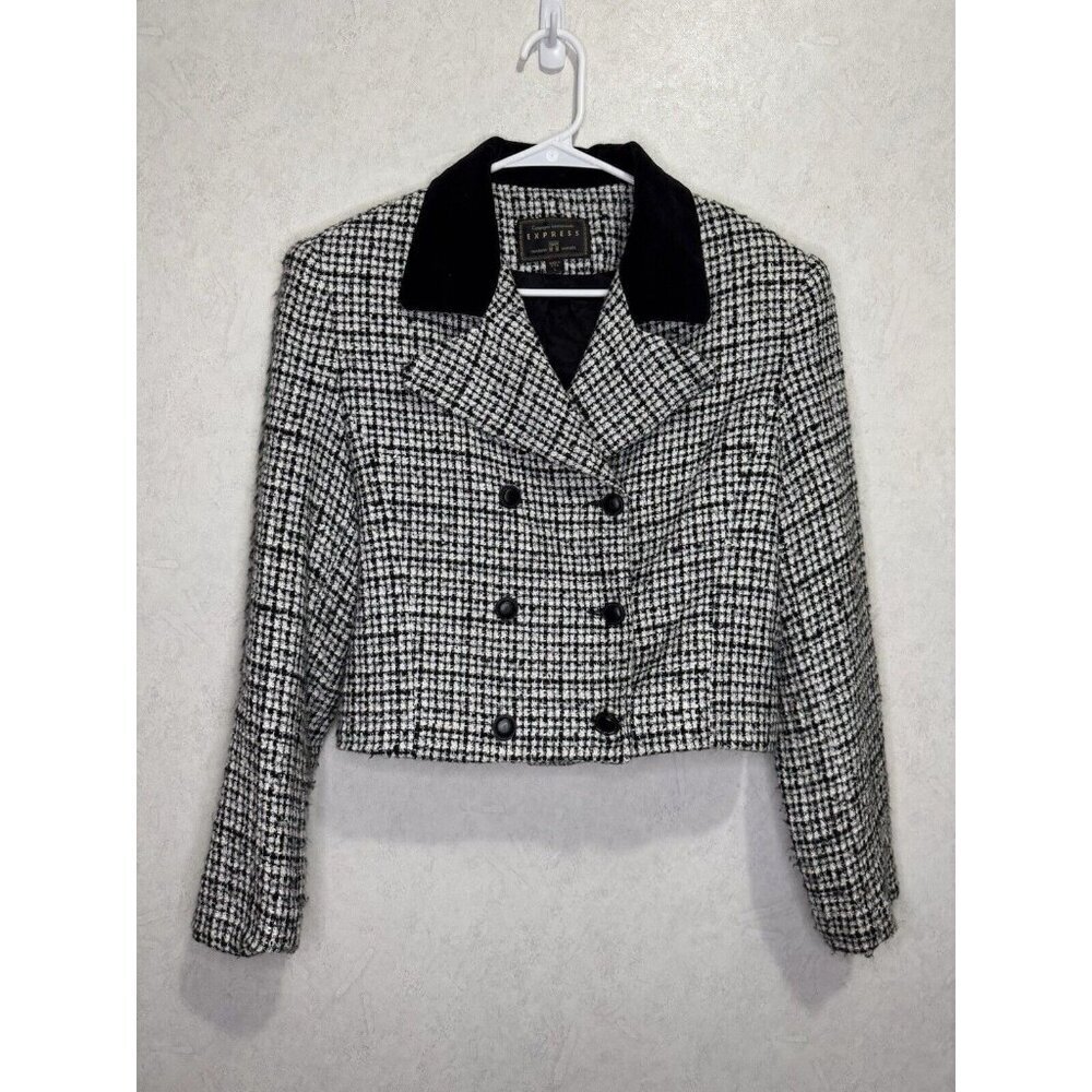 EXPRESS 90s Vintage Marque Gingham Check Velvet Collar Blazer Jacket LARGE READ